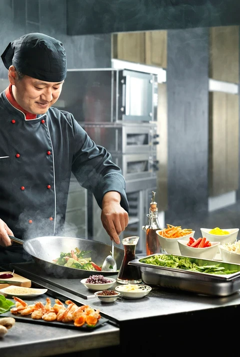 Kucharz w czarnym uniformie gotuje azjatyckie danie w profesjonalnej kuchni, w otoczeniu świeżych składników, takich jak warzywa i krewetki.